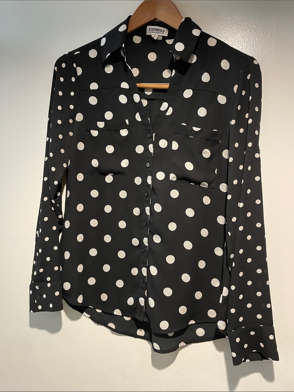 Express Black and White Polka Dot Button-Down Blouse